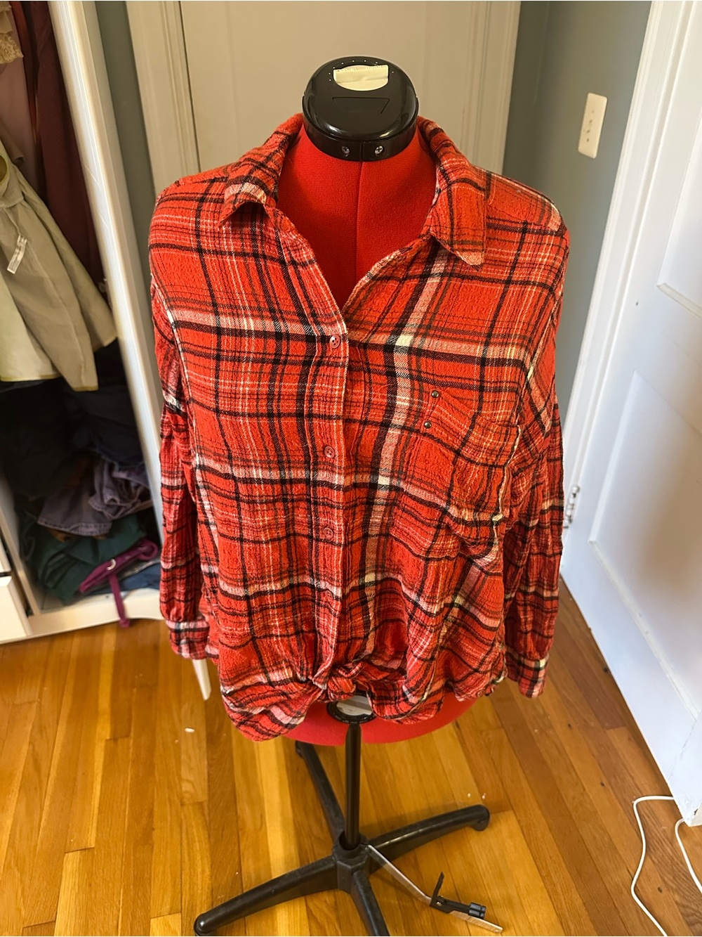 We The Free Red Plaid Button-Front Knot Hem Shirt